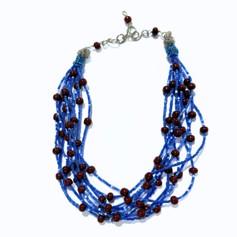 Collier en soie bleu et marron brûlé